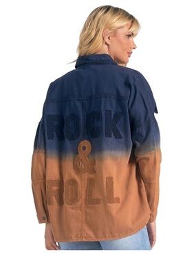 Elan S Rock & Roll Dip Dye Ombre Navy Blue & Tan Utility Shirt Jacket Festival